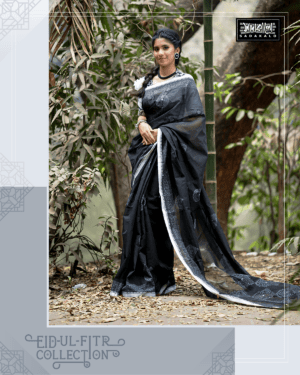 New Eid Stylish Block  Embroidered Half Silk Black Sharee