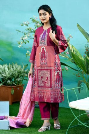 Plum Red Cotton Printed & Hand Embroidered Salwar Kameez Set