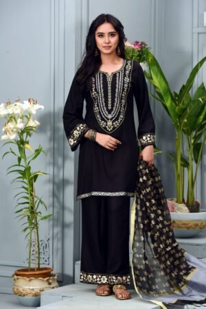 Black Cotton Printed & Embroidered Salwar Kameez Set