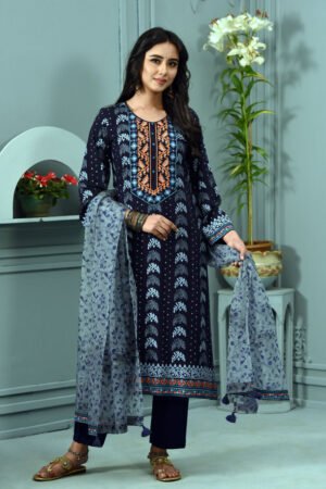 Dark Navy Blue Linen Printed & Embroidered Salwar Kameez Set