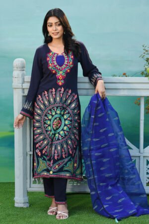 Dark Navy Blue Linen Printed & Hand  Embroidered Salwar Kameez Set