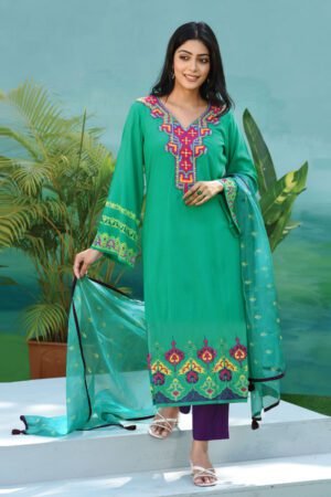 Jade Green Linen Printed & Hand Embroidered Salwar Kameez Set