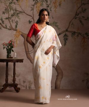White Handloom Pure Khadi Dhakai Jamdani Saree With Allover Floral Jaal