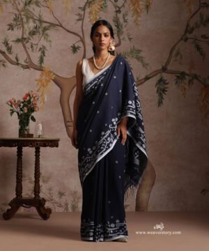 Navy Blue Handloom Pure Khadi Dhakai Jamdani Saree With Allover Boota