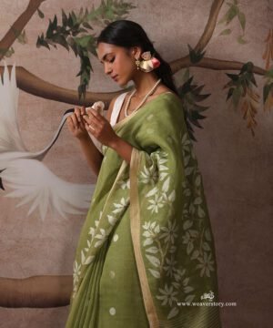 Henna Green Handloom Pure Linen Jamdani Saree With Floral Border