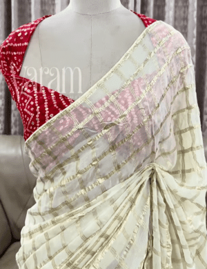 Shimmering Geometric Grace Saree With Vibrant Bandhej Accents