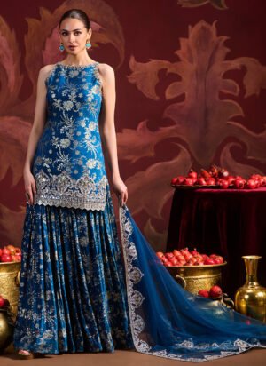 Teal Blue Embroidered Brocade Sharara