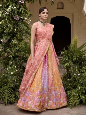 Lavender And Peach Vasansi Silk Gota Patti Lehenga Set
