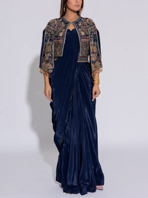 Navy Blue Silk Embroidered Draped Saree With Cape