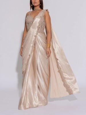 Beige Embroidered Satin Silk Drape Saree