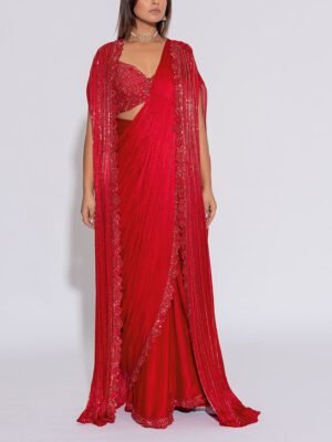 Red  Embroidered Silk Drape Saree With Cape