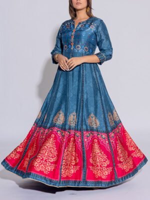 Greyish Blue Vasansi Silk Printed Gown