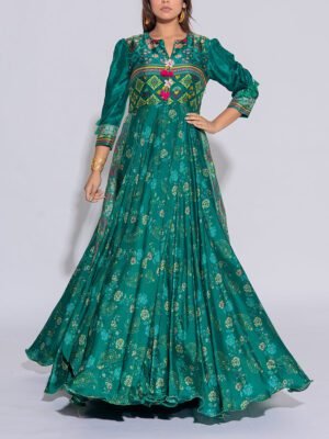 Green Vasansi Silk Printed Anarkali  Gown