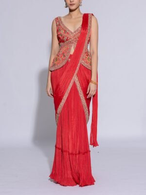 Orange Dola Silk Embroidered Drape Saree