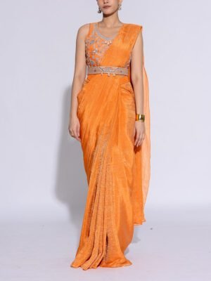 Mustard Tissue Embroidered Drape Saree