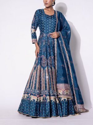 Teal Blue Vasansi Silk Printed Anarkali Gown