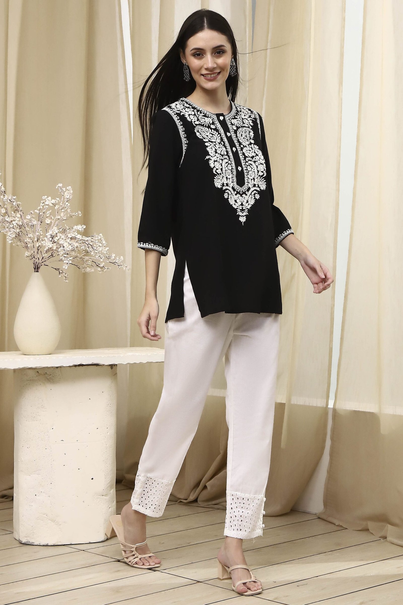 Black Embroidered Straight Short Kurta