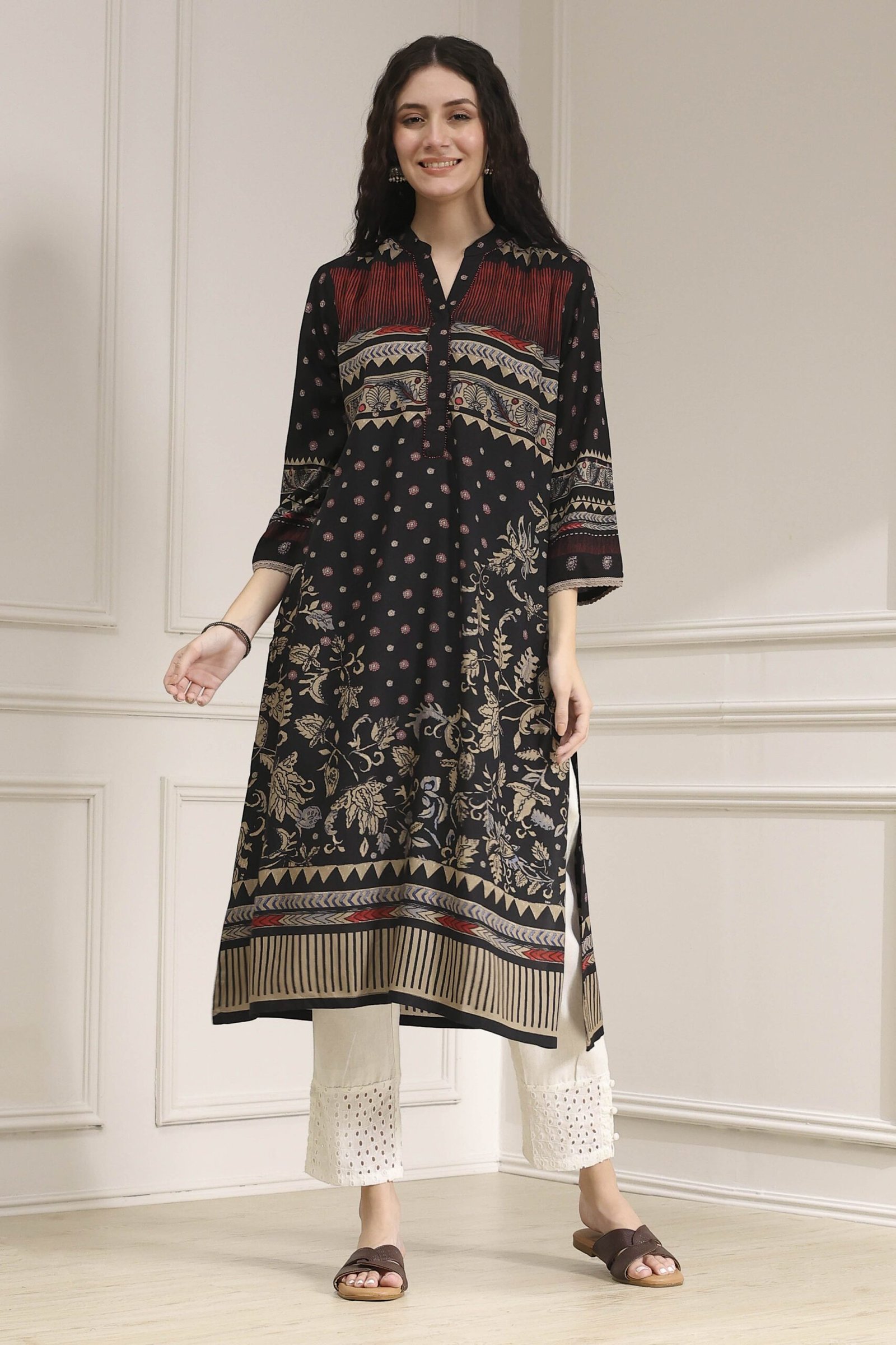 Black Printed Straight Kurta
