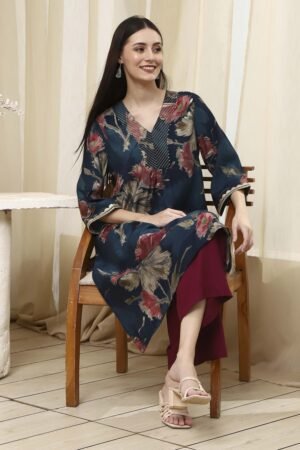 Navy Blue Floral Printed Straight Kurta