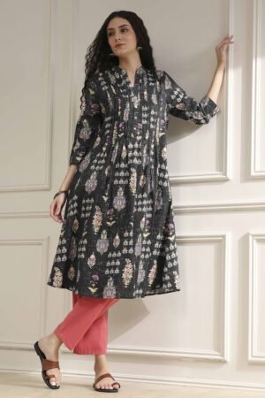 Black Cotton Printed A-Line Kurta