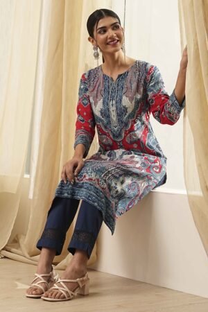 Red And Blue Printed Straight Kurta