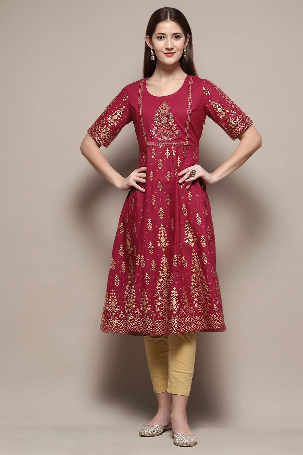 Wine Cotton Printed Short Kurti