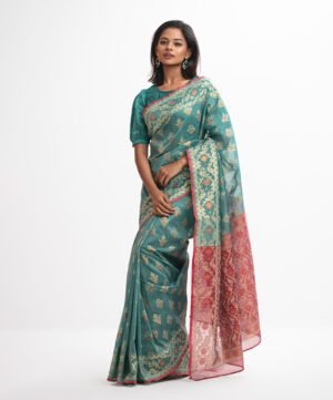 Green & Pink Half-Silk Saree