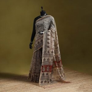 Beige - Pedana Hand Block Print Natural Dyed Kota Doria Cotton Kalamkari Saree 05