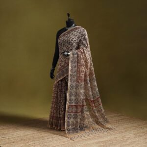 Beige - Pedana Hand Block Print Natural Dyed Kota Doria Cotton Kalamkari Saree 06