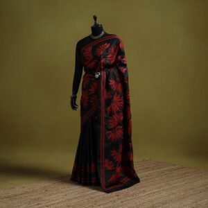 Black - Bengal Hand Embroidery Bangalore Silk Handloom Kantha Saree 01