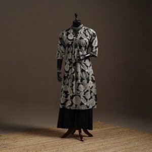 Black - Hand Embroidered Printed Cotton A-Line Kalamkari Kurta For Women 13