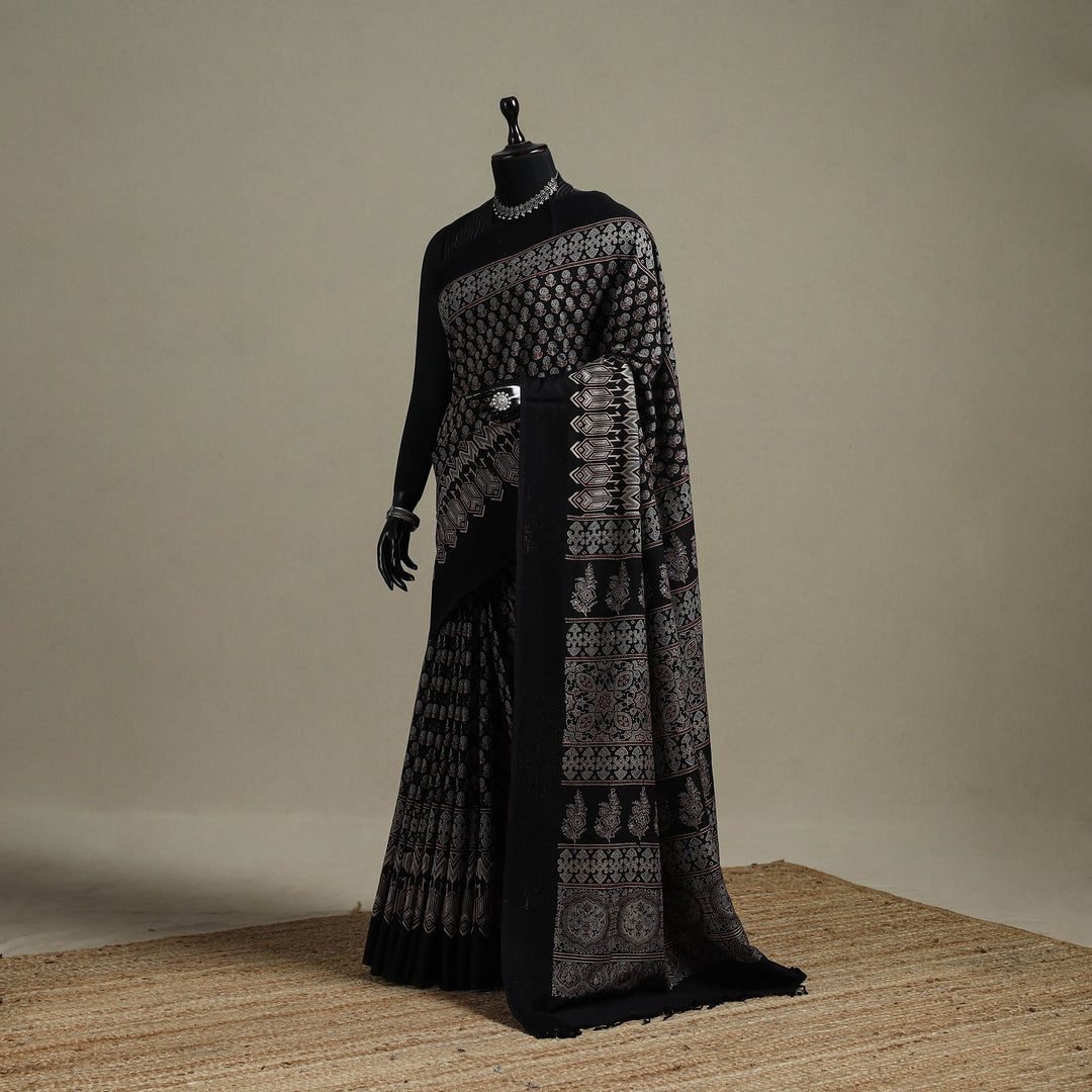 Black - Handloom Natural Dyed Hand Block Print Maheshwari Cotton Ajrakh Saree With Tassels 03
