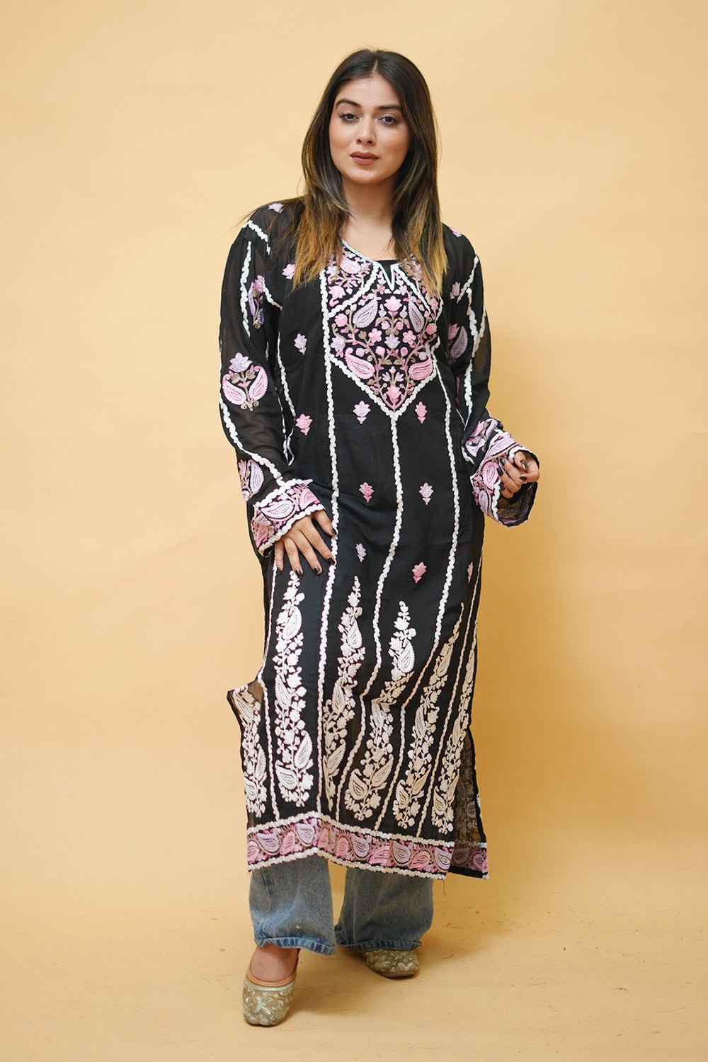 Black Lining Kashmiri Kurti With Multicolour All Over Front And Back Embroidery.