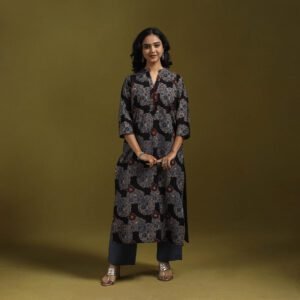 Black - Natural Dyed Cotton Block Print Straight Ajrakh Kurta For Women 02