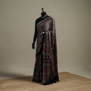Black - Natural Dyed Hand Block Print Modal Silk Ajrakh Saree With Tassels 10