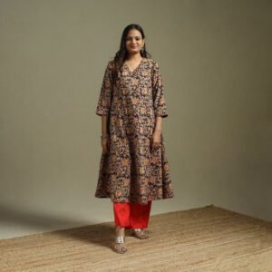 Black - Pedana Block Print Natural Dyed Cotton Hand Embroidery A-Line Kalamkari Kurta 09