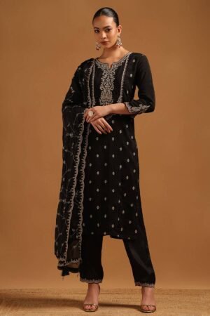 Black Dola Silk Embroidered Salwar Suit With Zari Embroidery Work