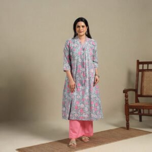 Blue - Block Print Cotton A-Line Sanganeri Kurta 04
