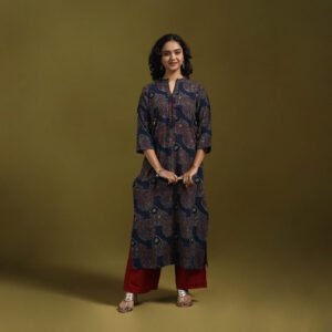 Blue - Natural Dyed Cotton Block Print Straight Ajrakh Kurta For Women 06