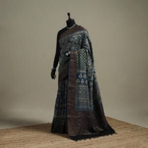 Blue - Natural Dyed Hand Block Print Chanderi Silk Ajrakh Saree With Zari Border 01