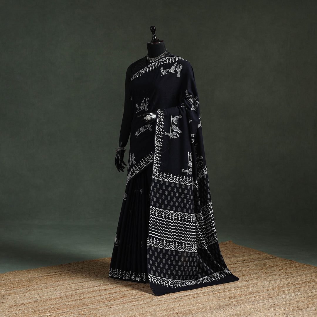 Blue - Pure Mul Cotton Hand Block Sanganeri Print Saree 58