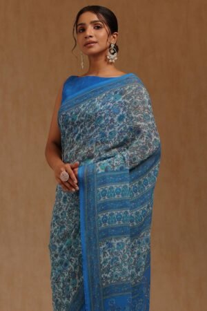 Blue Georgette Floral Print Saree