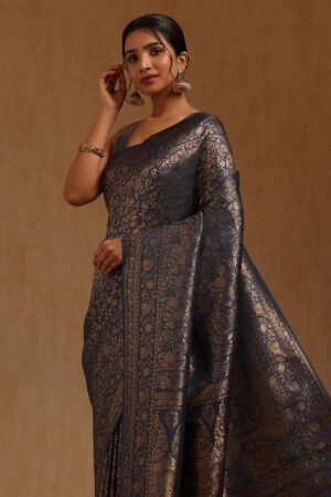 Blue Tussar Floral Zari Woven Saree