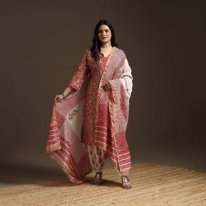 Brown - Chanderi Silk Hand Embroidery Block Print Sanganeri Suit Set With Dupatta For Women 11