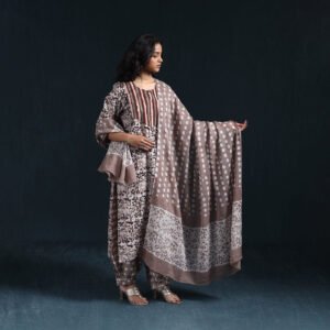 Brown - Hand Block Batik Print Cotton Suit Set With Dupatta For Women 04