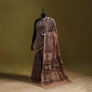 Brown - Pedana Hand Block Print Natural Dyed Kota Doria Cotton Kalamkari Saree 07