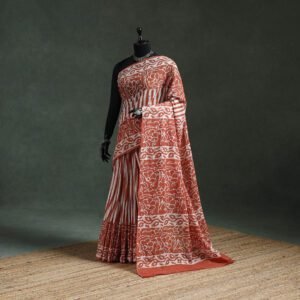 Brown - Pure Mul Cotton Hand Block Batik Print Saree 35