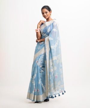 Turquoise Blue Half-Silk Saree