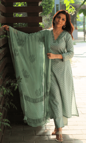 Cotton Spring Green Polka Dots Suit With Chiffon Printed Dupatta