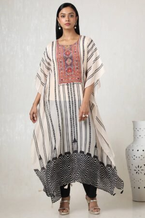 Cream Muslin Ethnic Motifs Kaftan Suit With Sequins